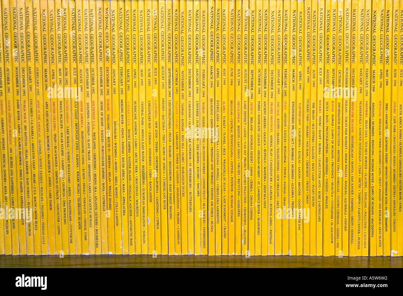 National Geographic magazines in a bookcase. Editorial use only. DSC 8518 Stock Photo