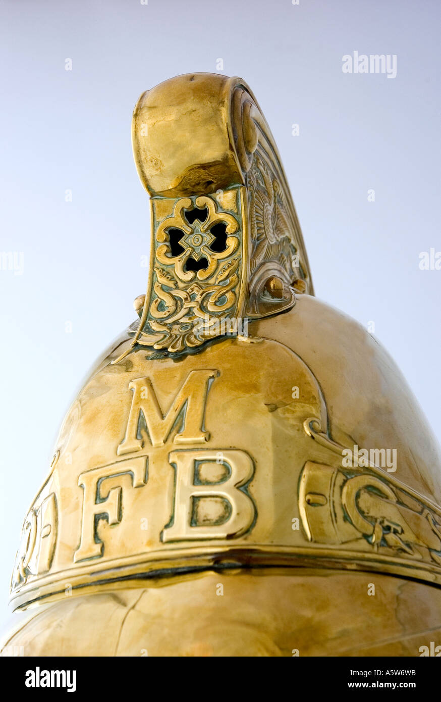 Closeup detail of a brass firemans helmet. DSC_8563 Stock Photo