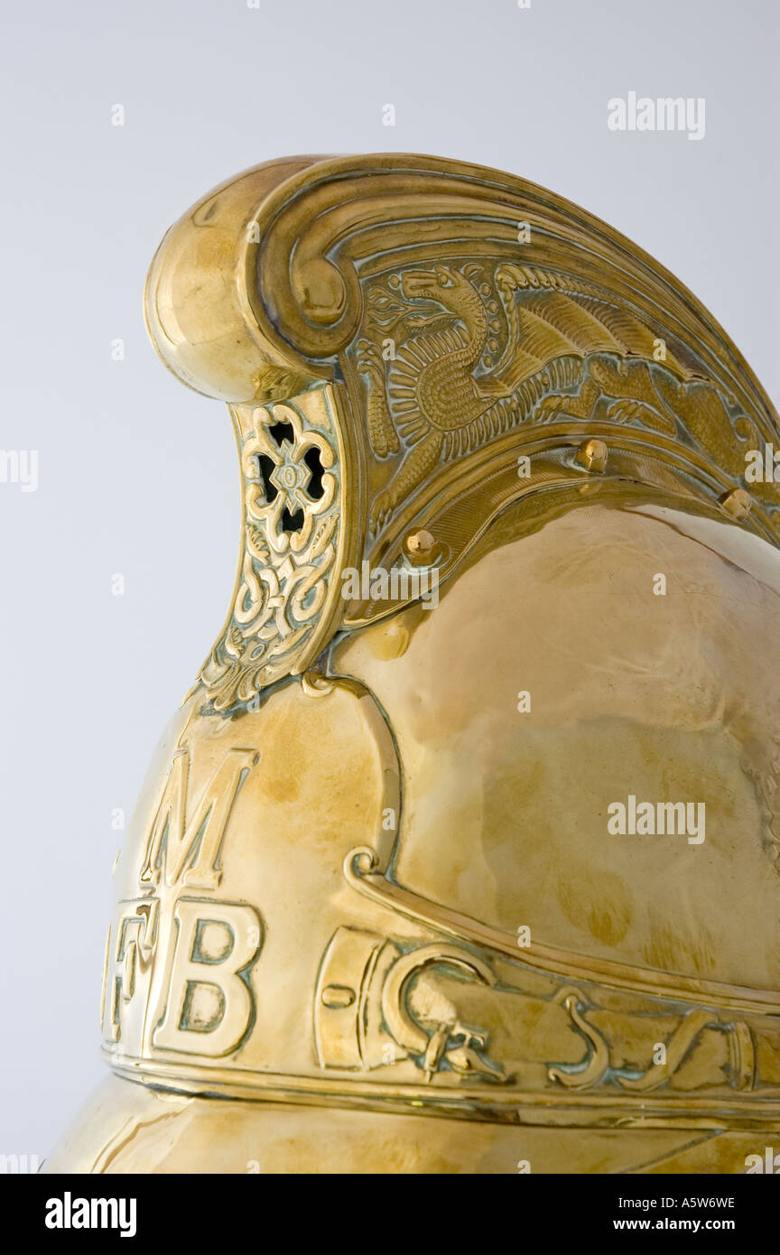 Closeup detail of a brass firemans helmet. DSC_8567 Stock Photo