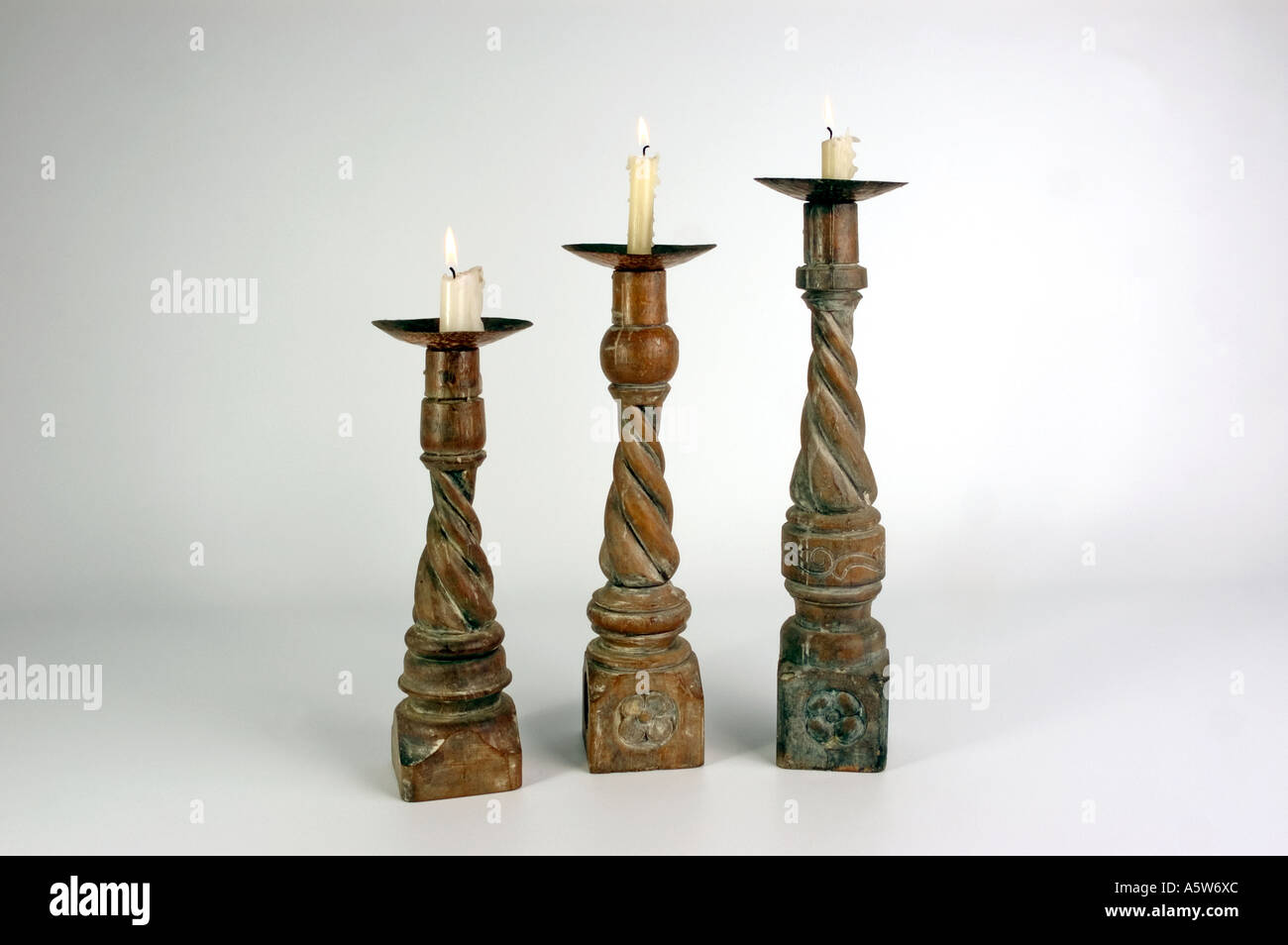 Antique Victorian barley twist wooden candlesticks with brass