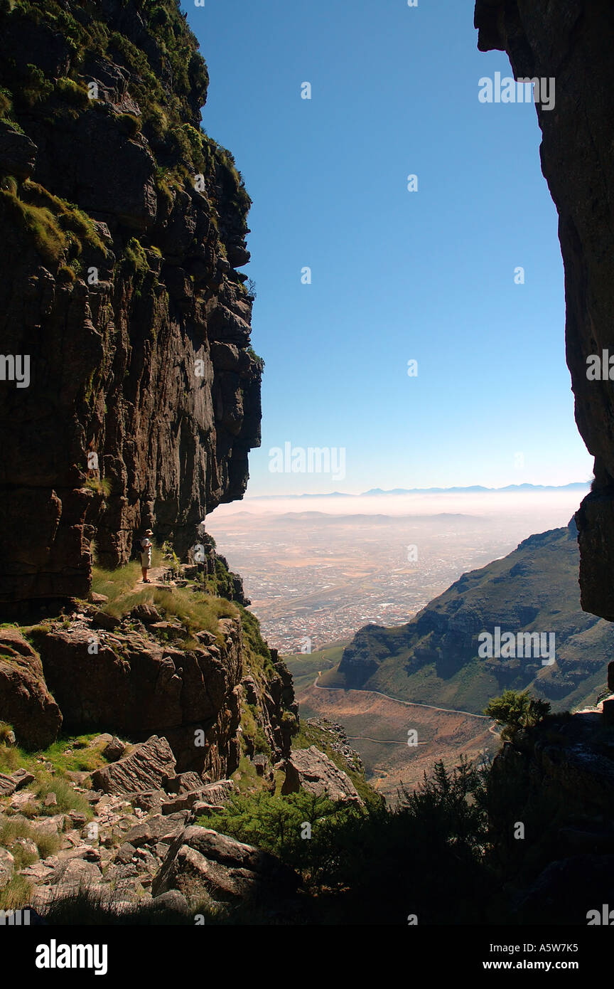 Hiker looking down into Platteklip Gorge Table Mountain National Park Cape Town South Africa Stock Photo