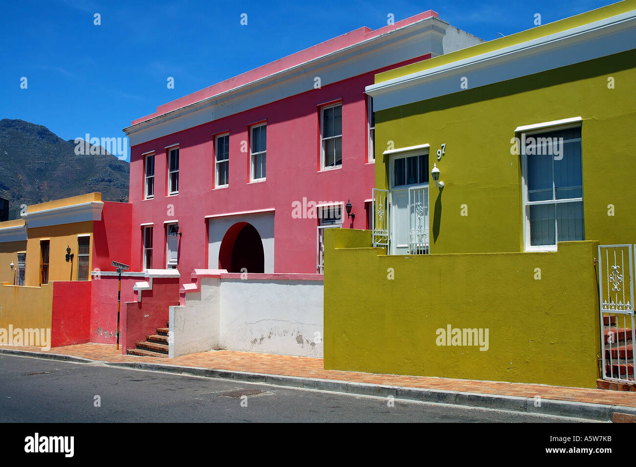 Brightly painted houses of the Bo Kaap the Cape Malay quarter of Cape Town Stock Photo