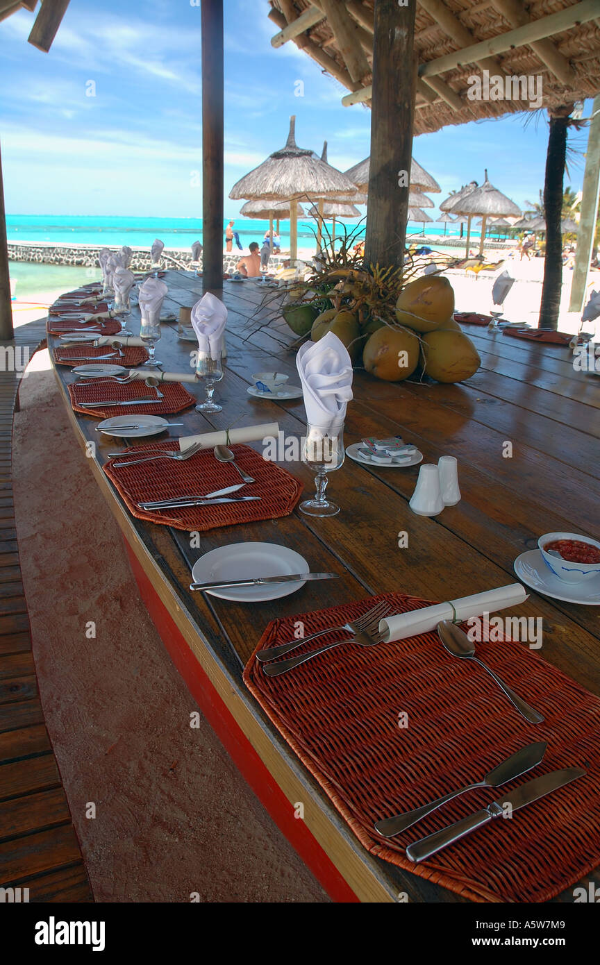 Table set for lunch at luxury tropical beach resort Stock Photo