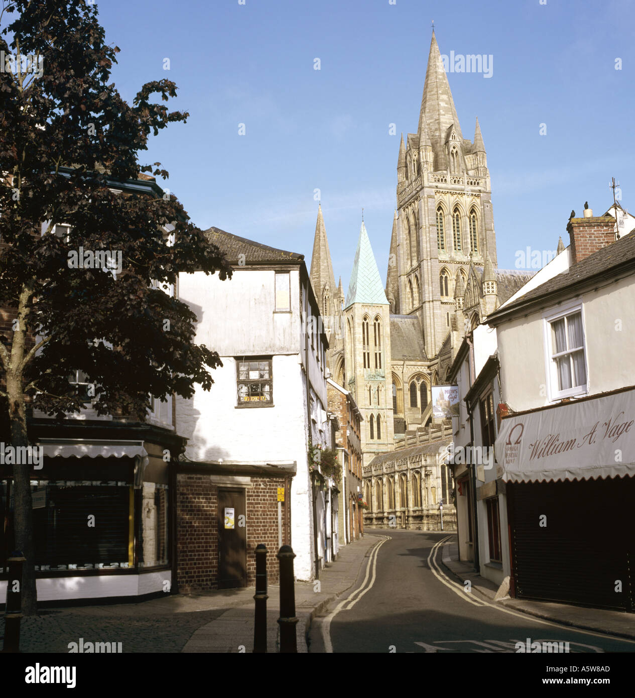View of Truro Cathedral from St Marys Street in the city of Truro Cornwall UK Stock Photo