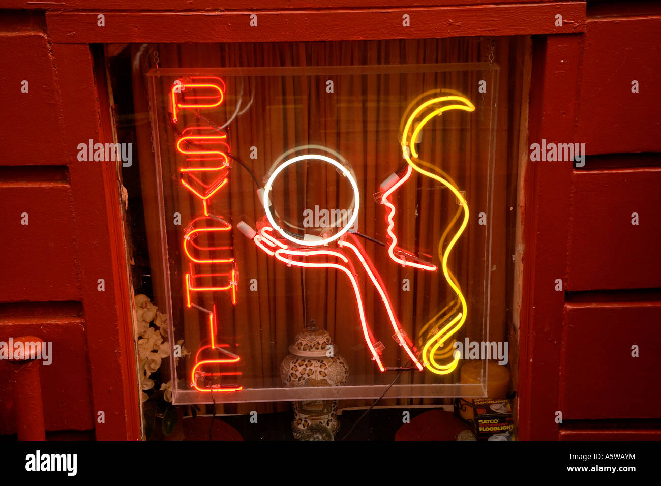 neon psychic sign in New York City USA Stock Photo