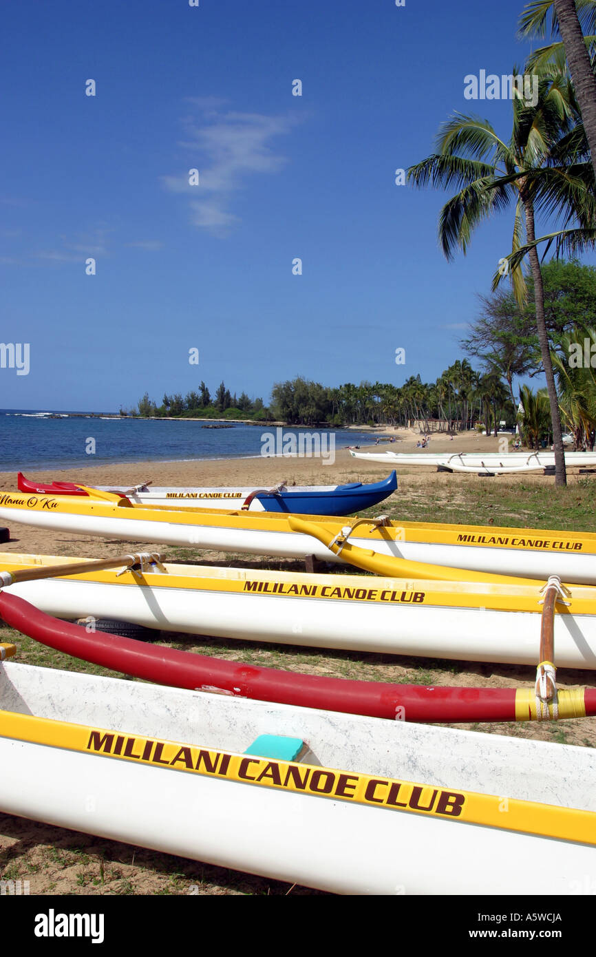 Outrigger canoes on the beach at Haleiwa North Shore Oahu Hawaii USA