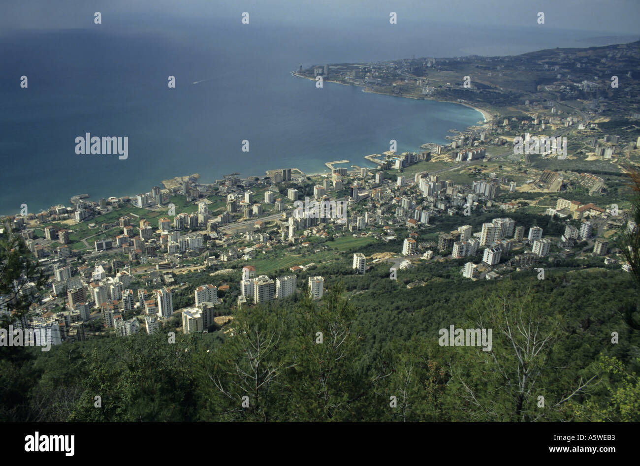 Looking over Jounieh Bay from Harissa, Beirut, Lebanon. Stock Photo