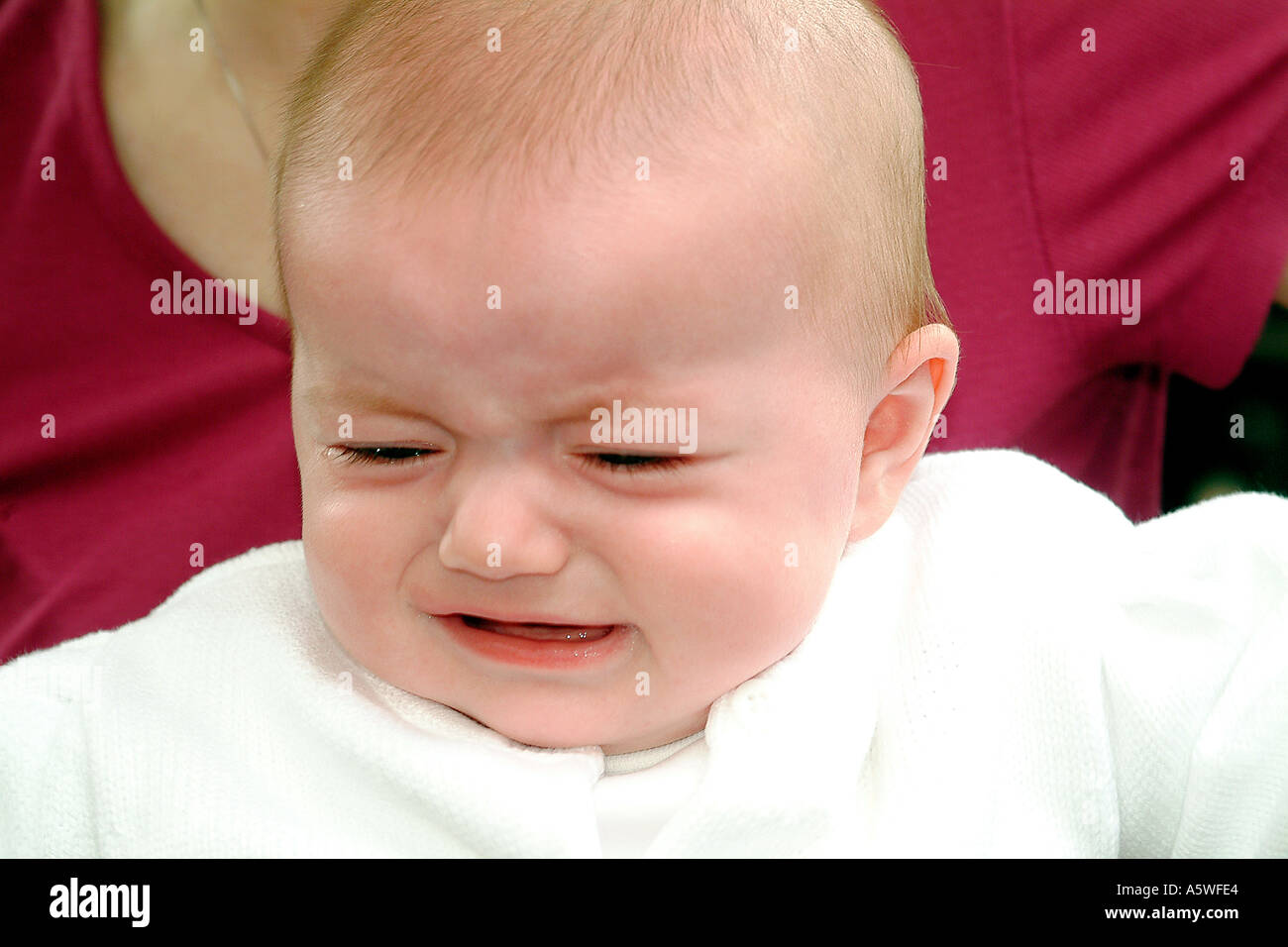 A 5-month old baby girl crying. Stock Photo