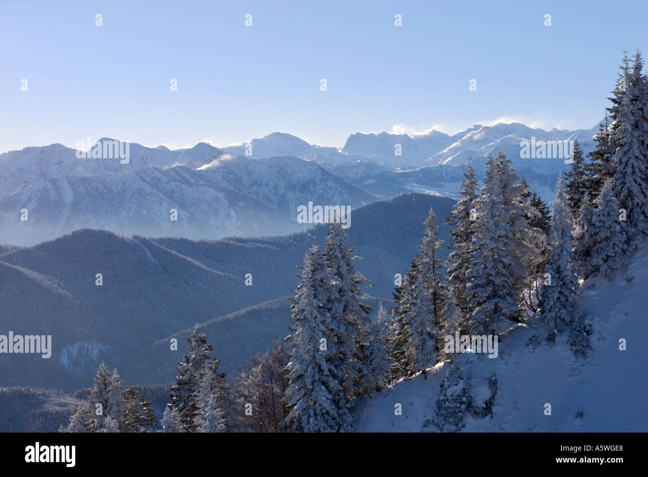 view from Brauneck mountain near Lenggries Upper Bavaria Germany Stock Photo