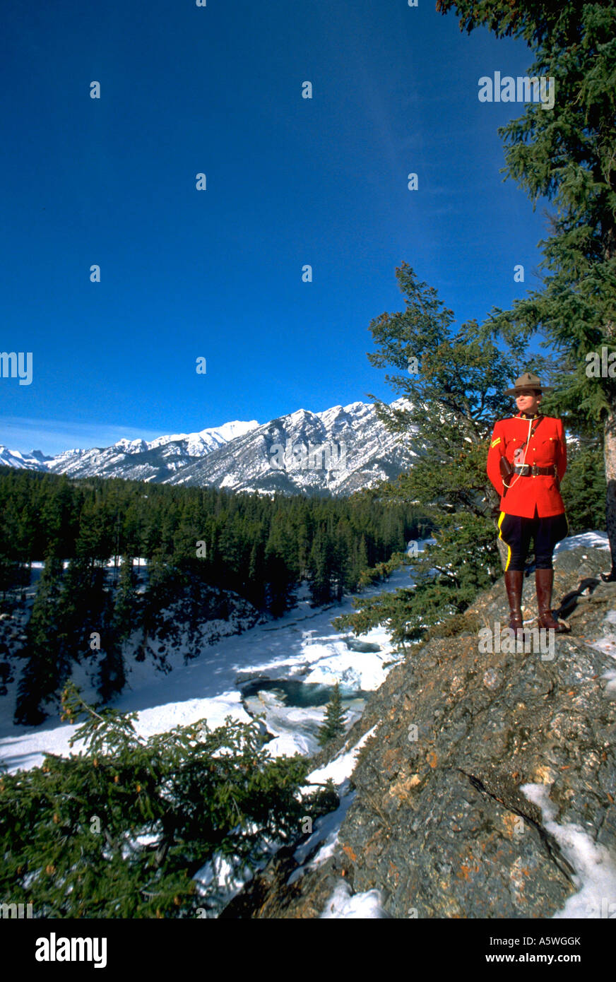 Painet hl0055 canadian mountie edge cliff senic view mountains banff national park alberta canada authority law rock proud Stock Photo