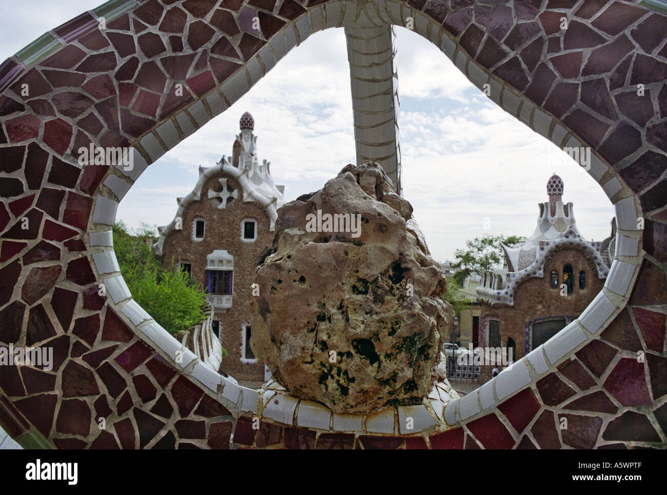 Detail of organic forms together with mosaic patterns used in the Parc Guell Barcelona Spain. Stock Photo