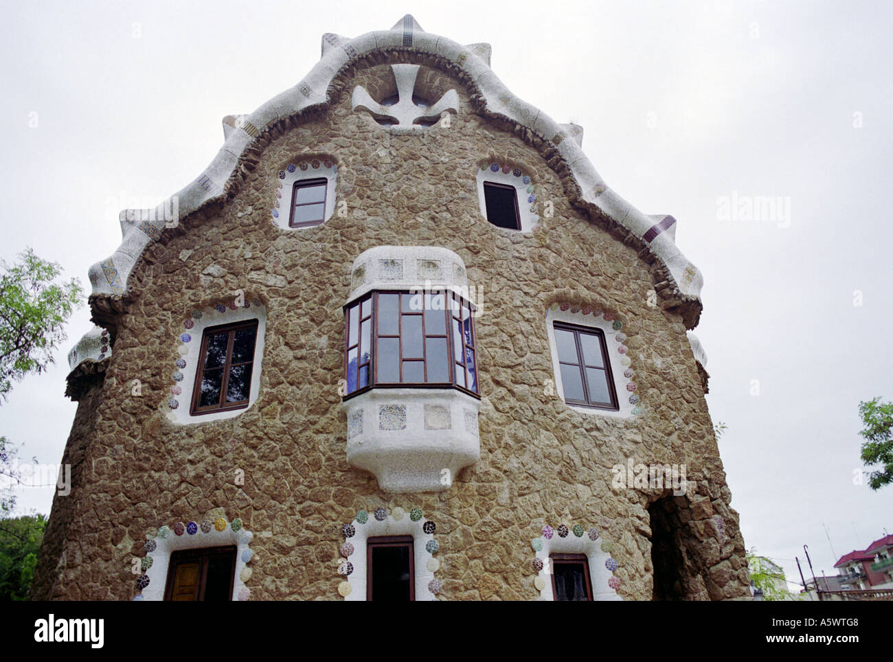 The façade of the Gaudi Museum Parc Guell Barcelona Spain. The building was originally the porters’ lodge. Stock Photo