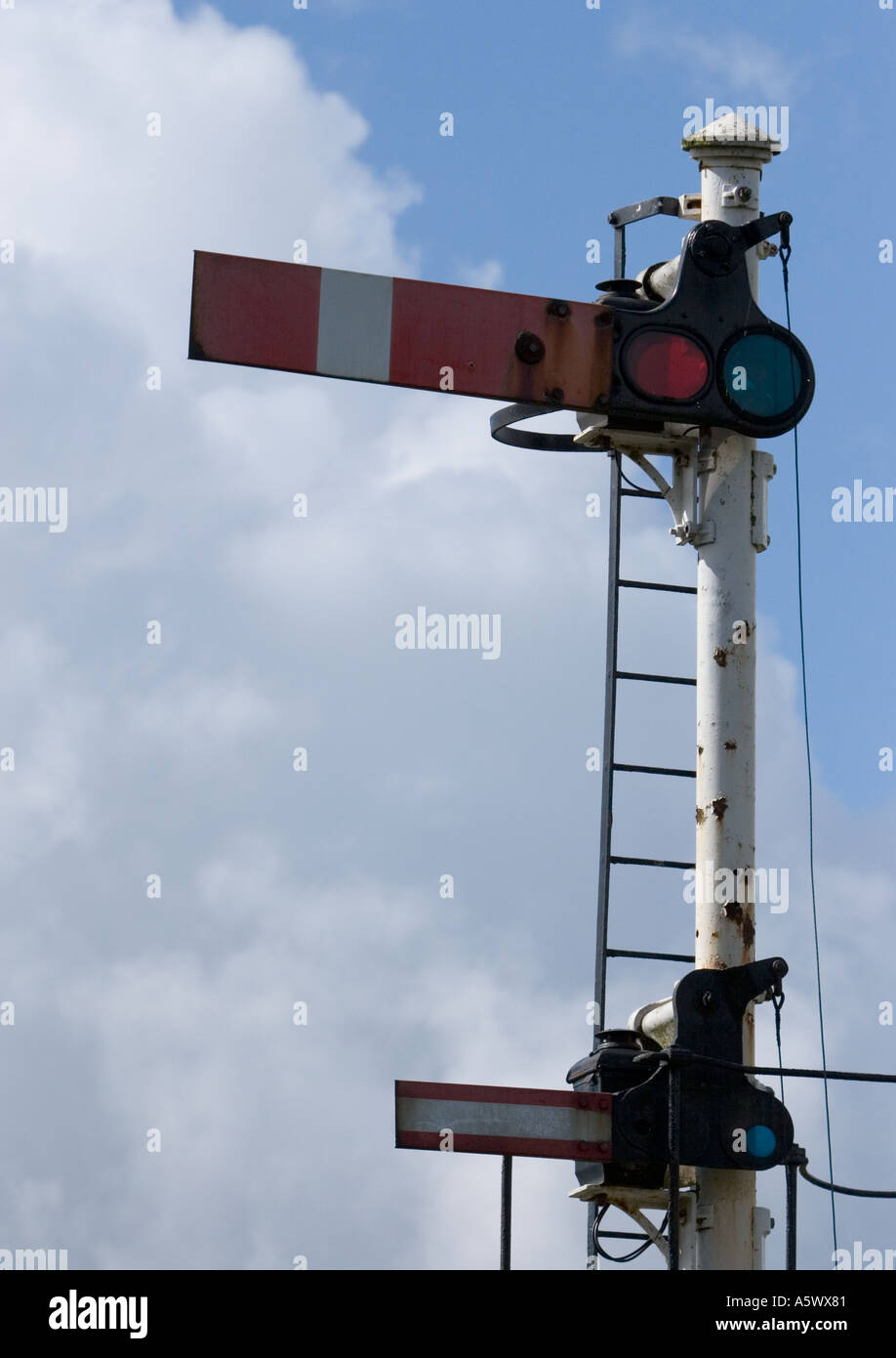 Railway semaphore signal at stop position in close up in ramsbottom lancashire uk Stock Photo