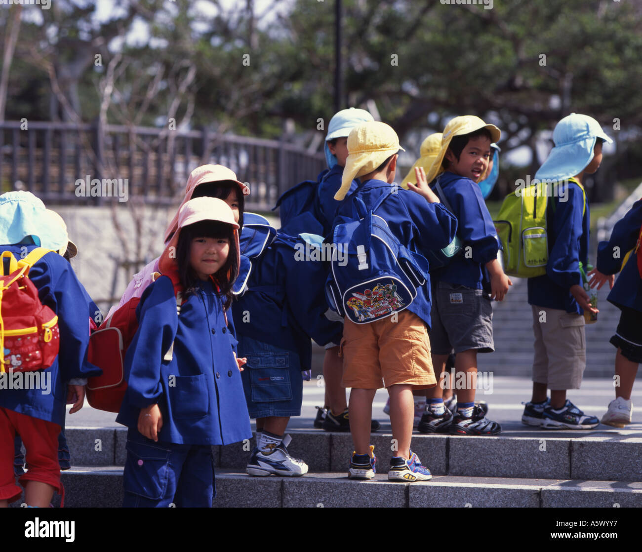 School Children visiting Okinawa Expo Aquarium in Motobu Stock Photo