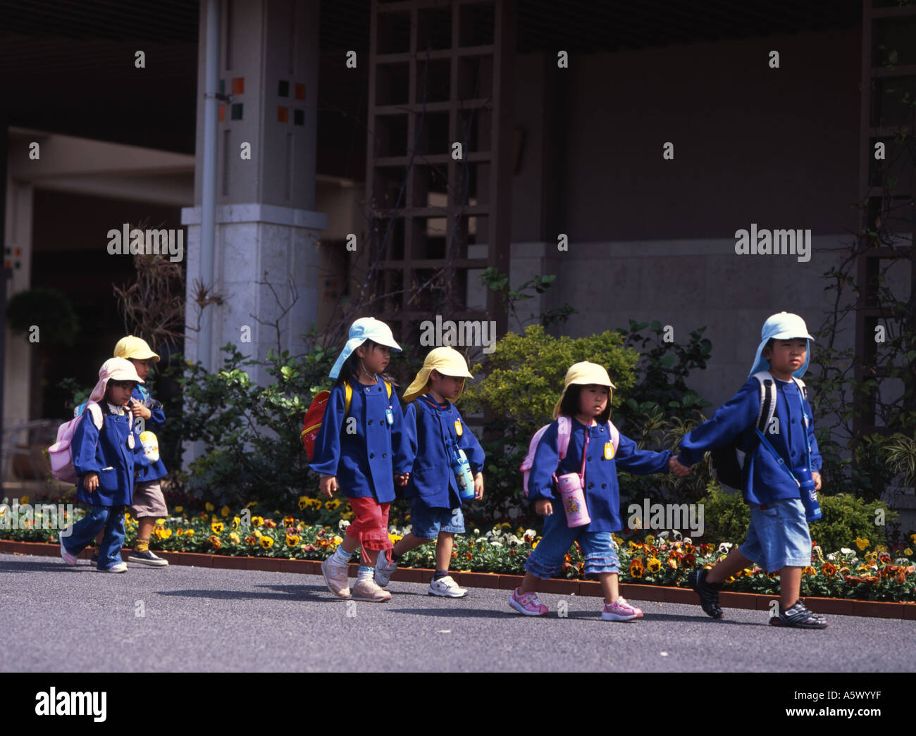 Japanese Elementary School Children visiting Okinawa Expo Aquarium in Motobu Stock Photo