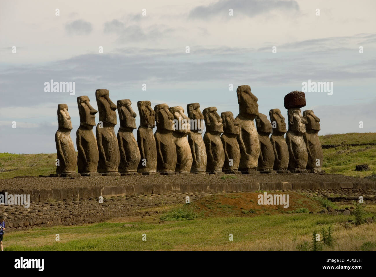 Chile Easter Island 15 statues or moai on a platform or ahu at Ahu Tongariki near the quarry