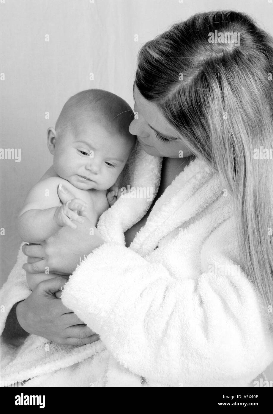 Monochrome Portrait of a Mother and Her Baby Stock Photo