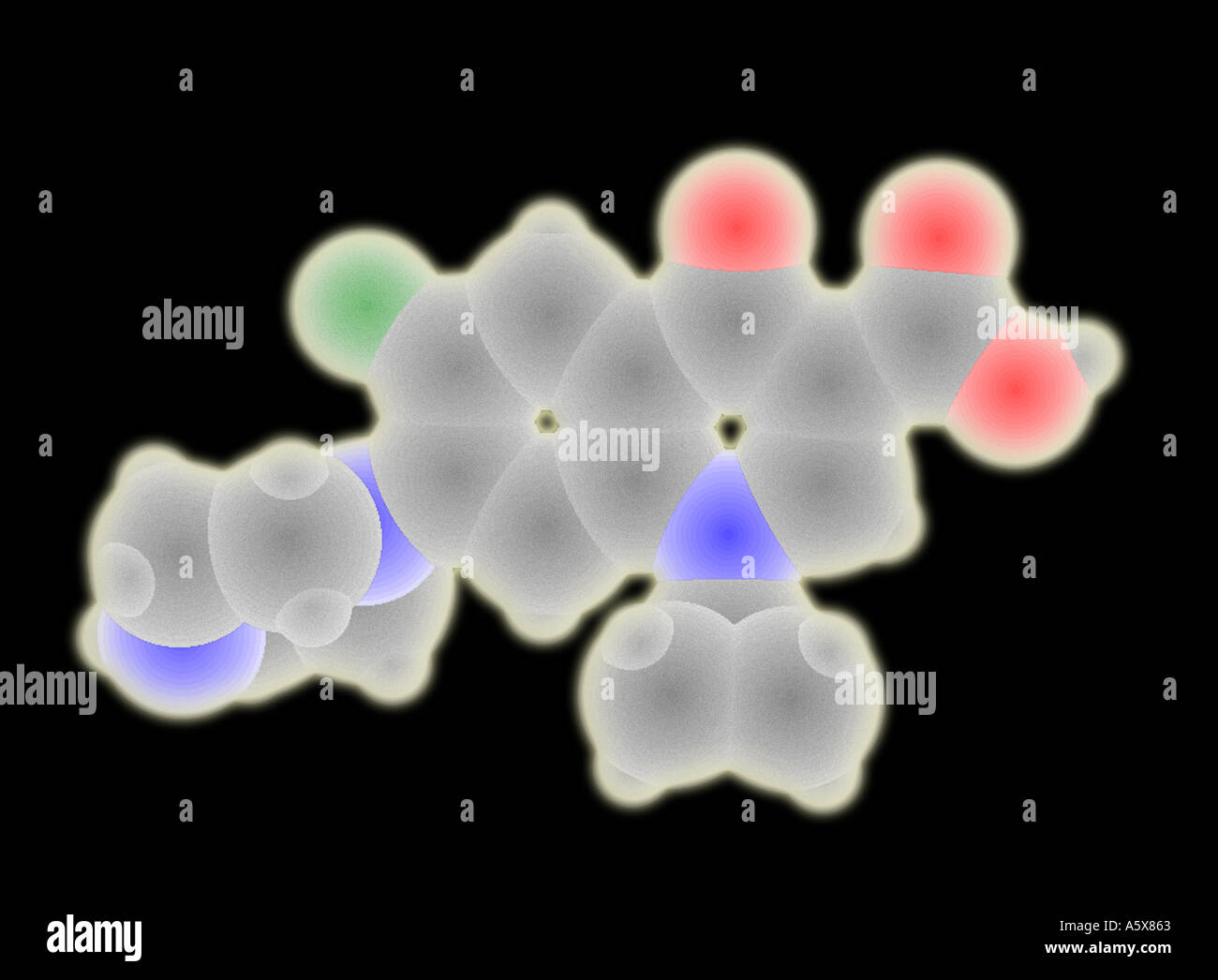 computer generated model of ciprofloxin antibiotic effective against a wide spectrum of bacterial illnesses including anthrax Stock Photo