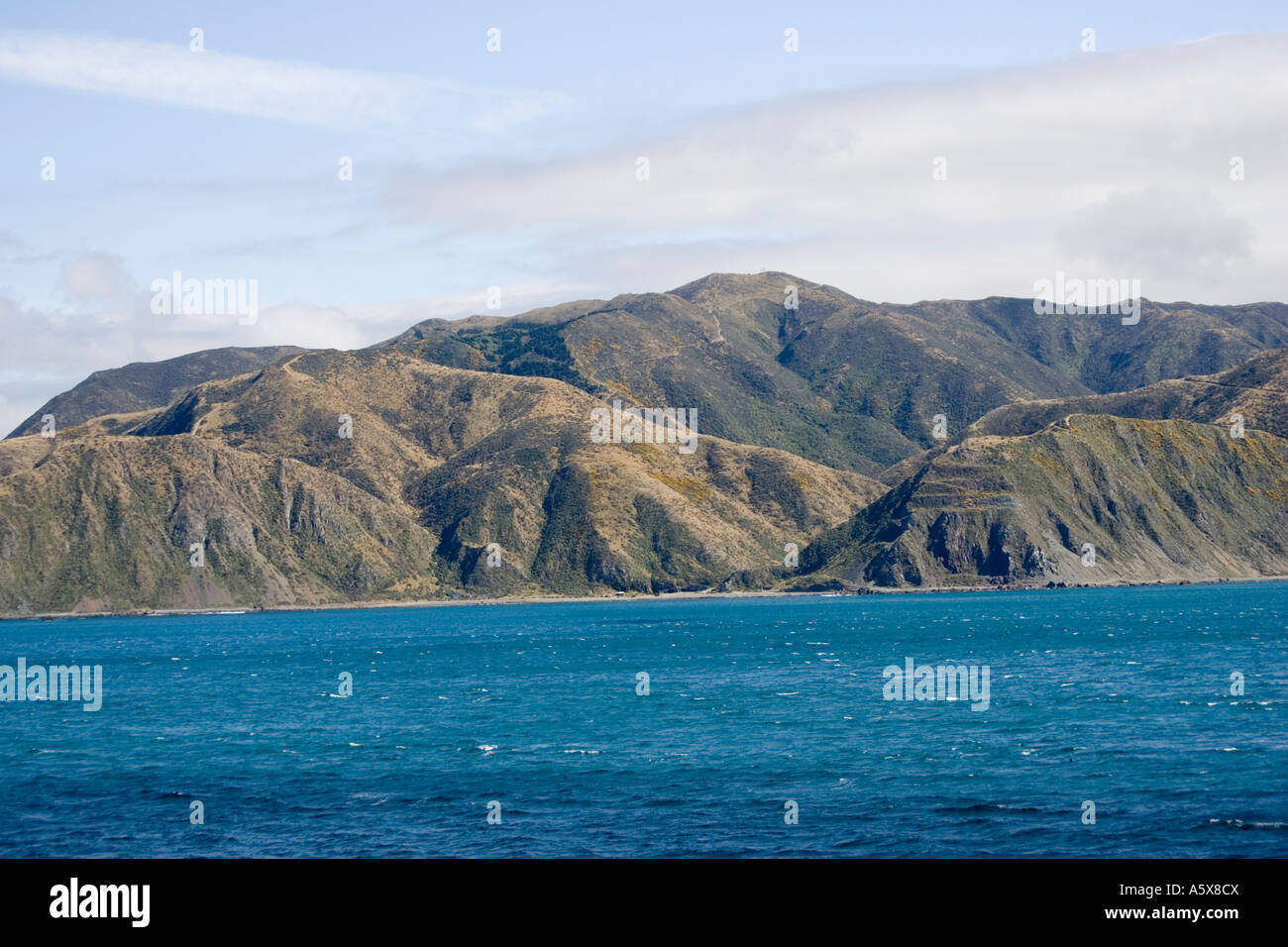 Volcanic mountain scenery from ferry Cook Strait South Island New ...