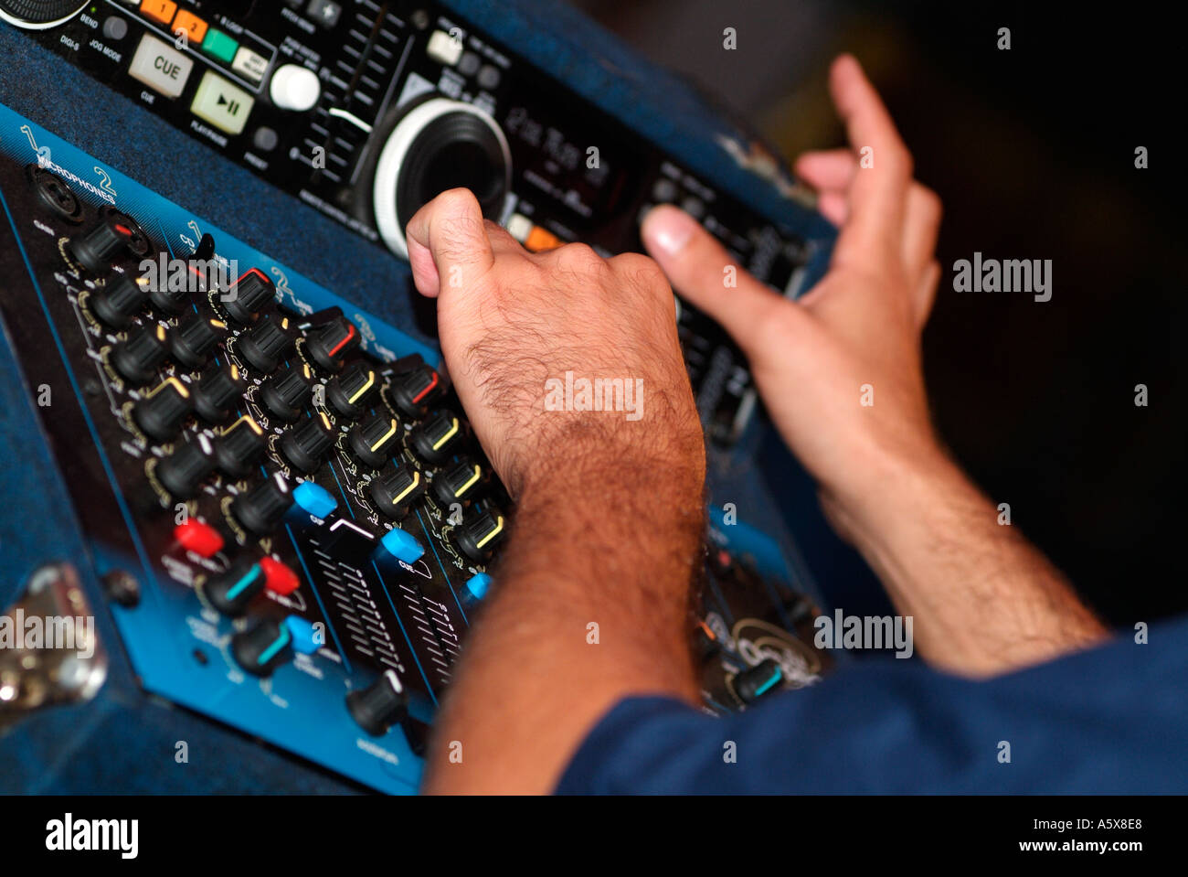 DJ Using an Electronic Mixer Stock Photo Alamy