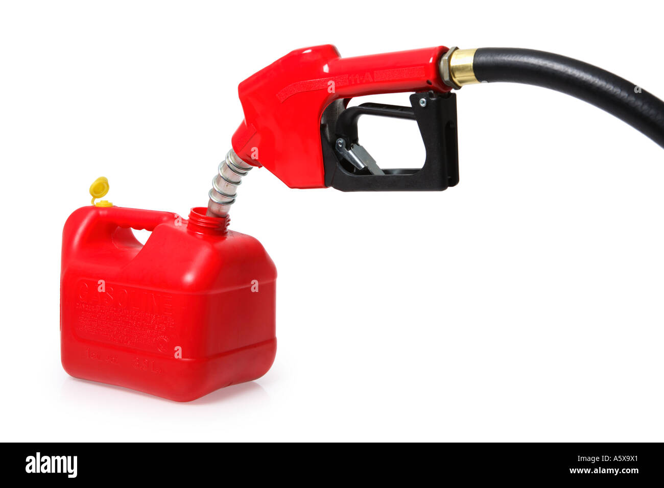 Fuel nozzle filling small gas can Stock Photo Alamy