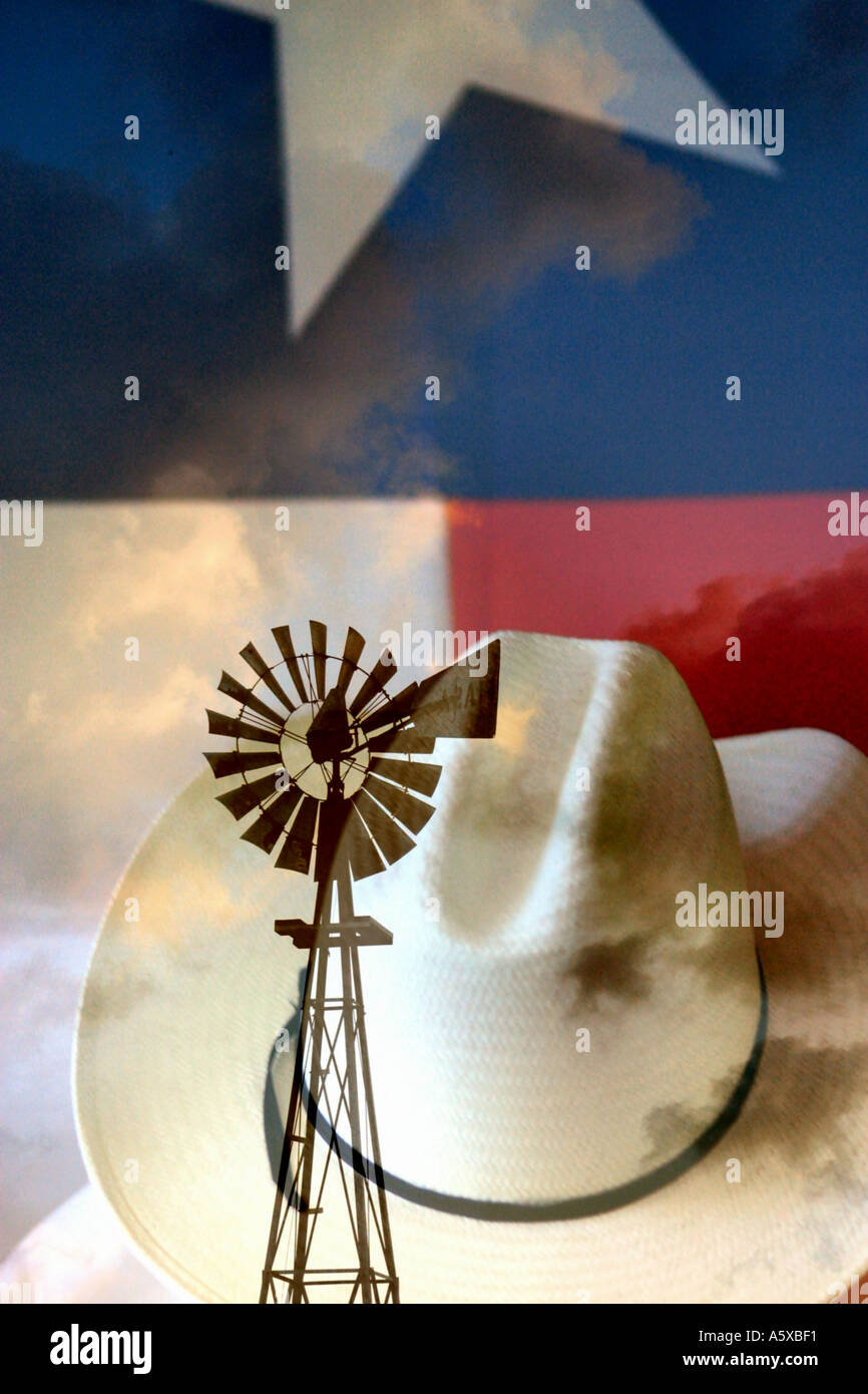 Texas Symbols Windmill Cowboy Hat and Texas State Flag Concept Photo Stock Photo