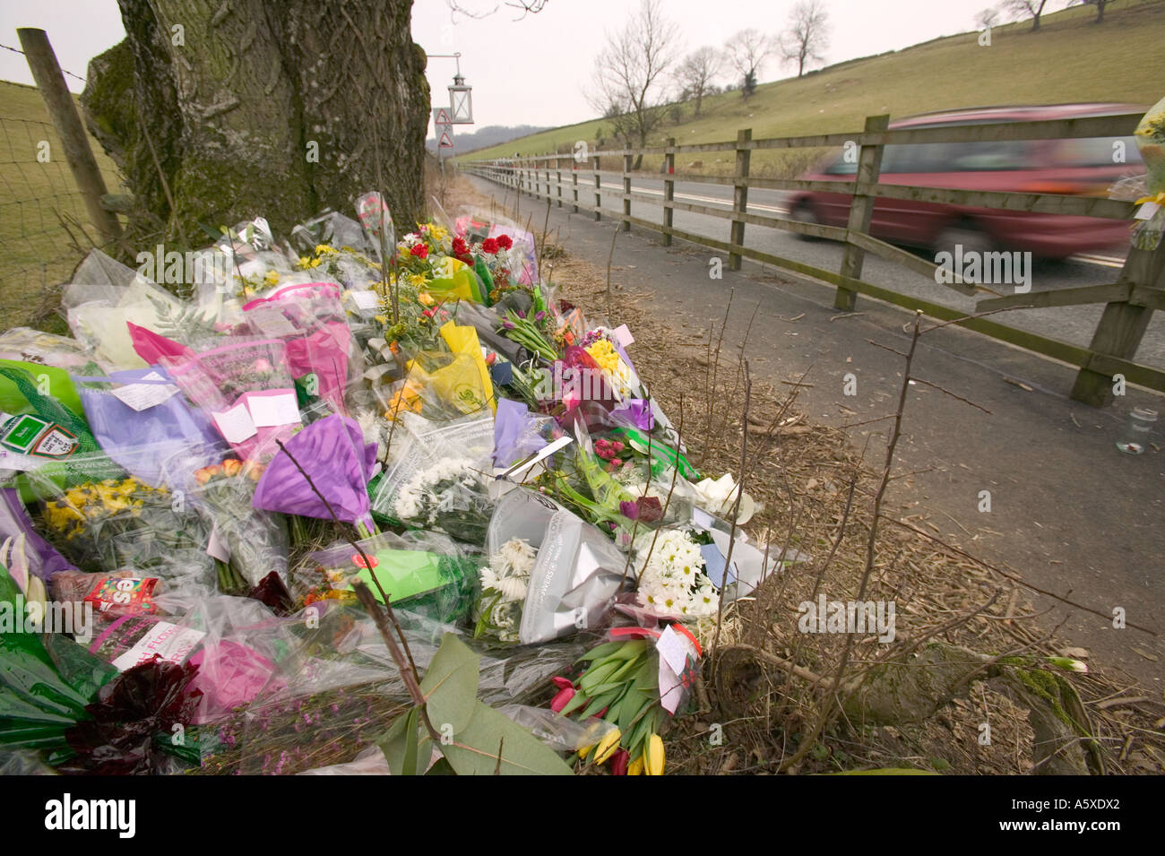 floral tributes at the site of a fatal road traffic accident near