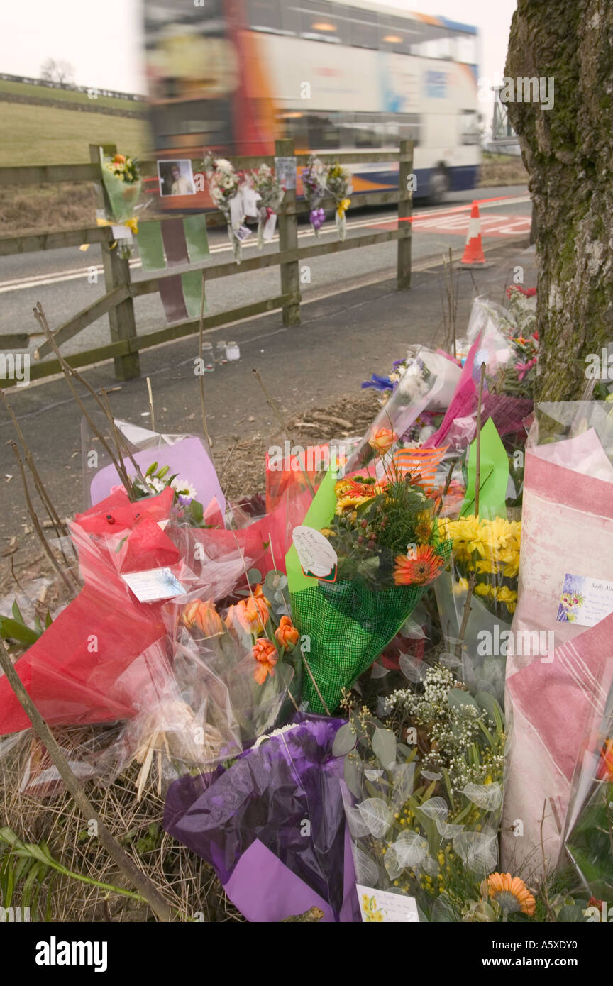 floral tributes at the site of a fatal road traffic accident near