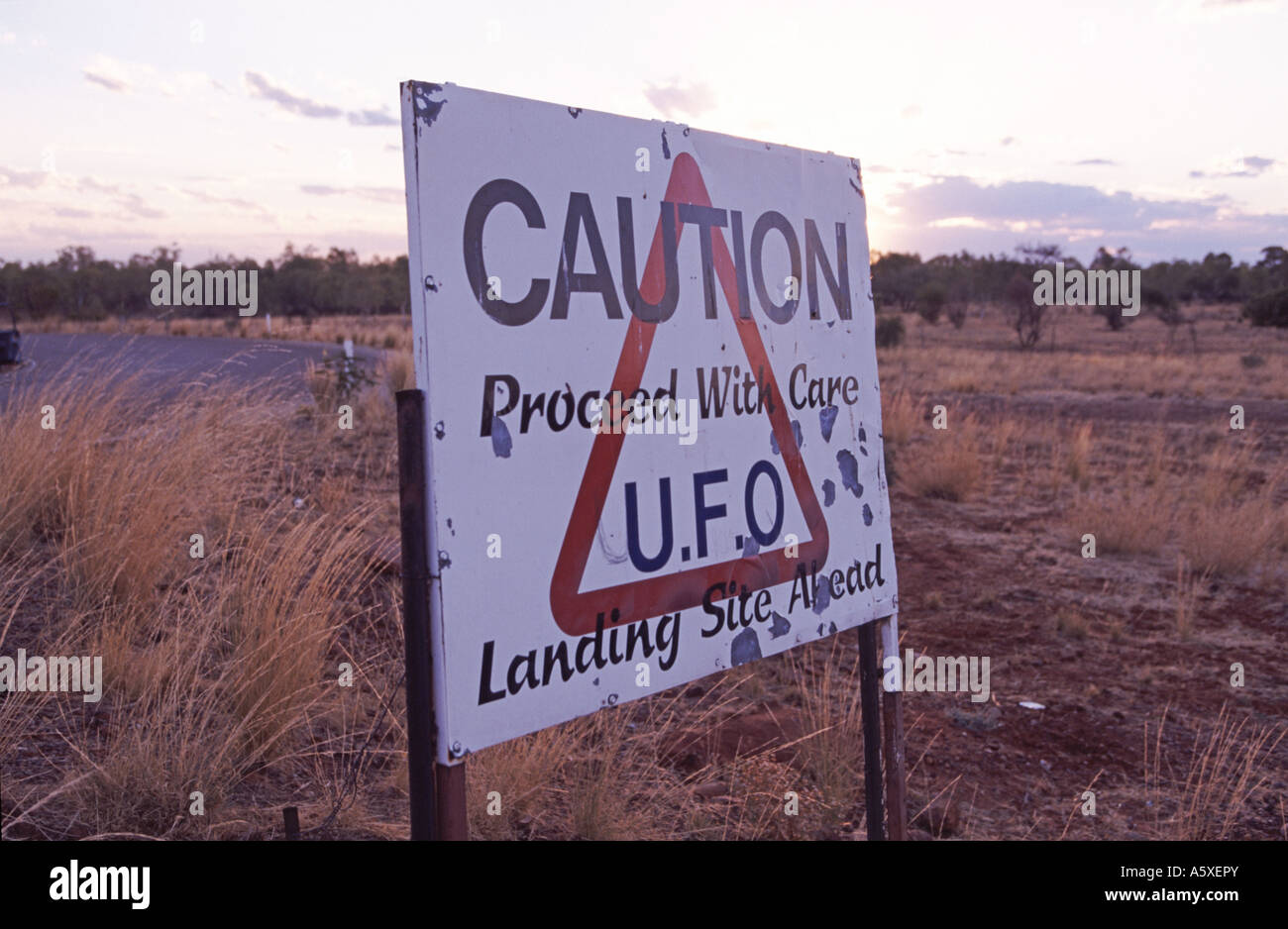 UFO sign. Wycliffe Well, Northern Territory, Australia Stock Photo