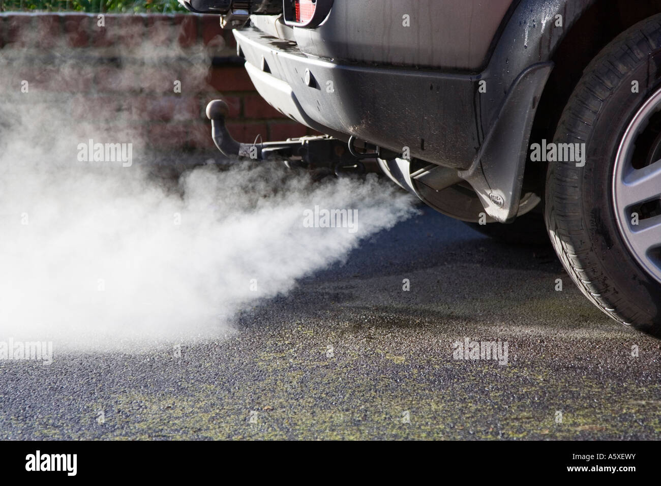 Exhaust cloud from a car. Engine revving. UK. Pollution and fumes from a vehicle. Stock Photo