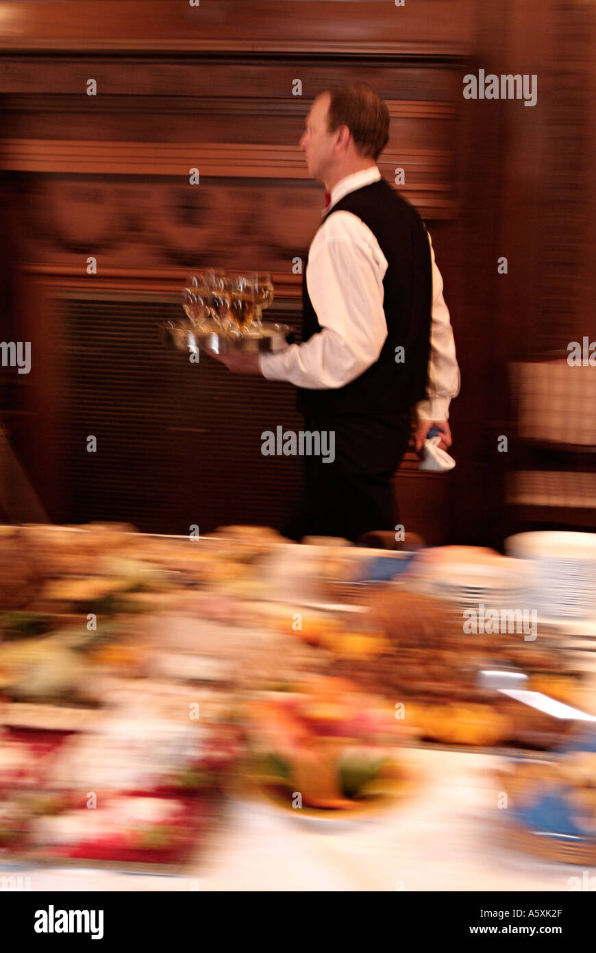 Waiter Serving Drinks at a Dinner Party, Blurred Motion. Stock Photo