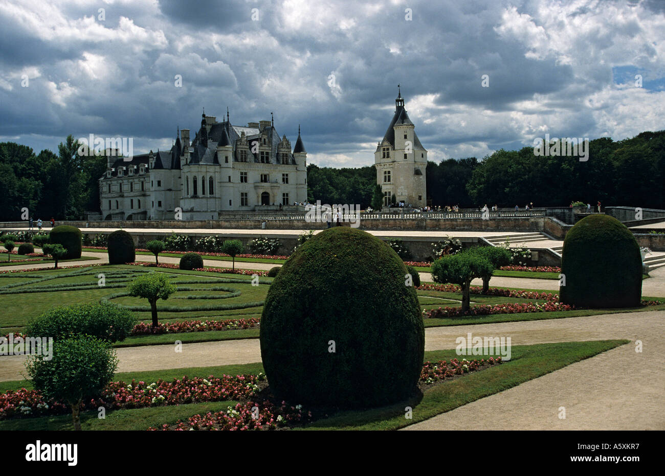 Photograph of the Chenonceaux castle taken from the Diane de Poitiers garden (France). Château de Chenonceaux (France). Stock Photo