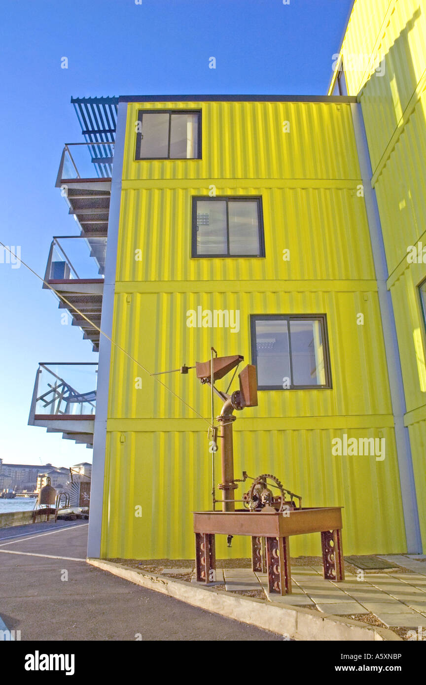 Container City with sculpture Trinity Buoy Wharf Orchard Place London UK Stock Photo