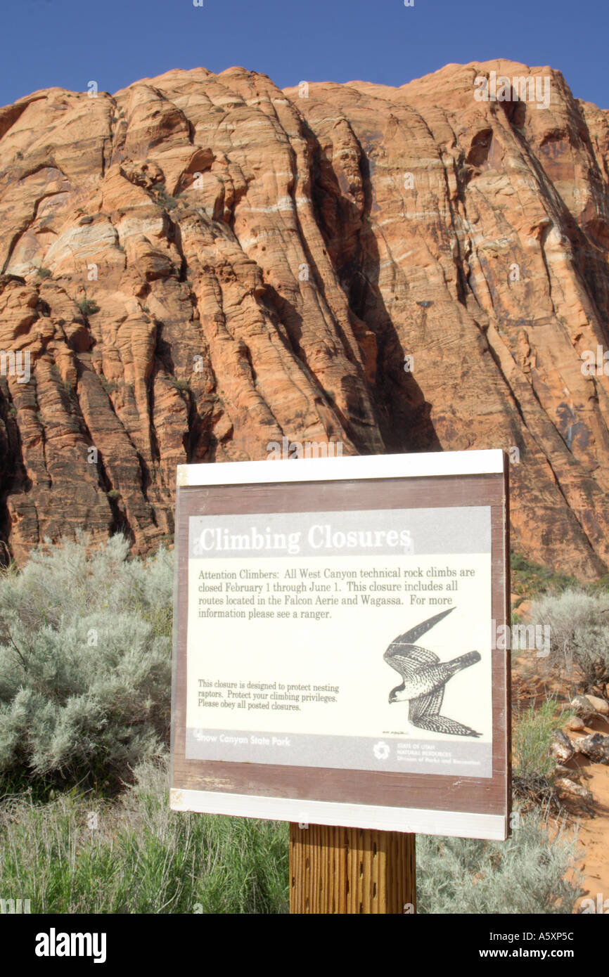 peregrine falcon nesting area sign Snow Canyon State Park Utah U S A