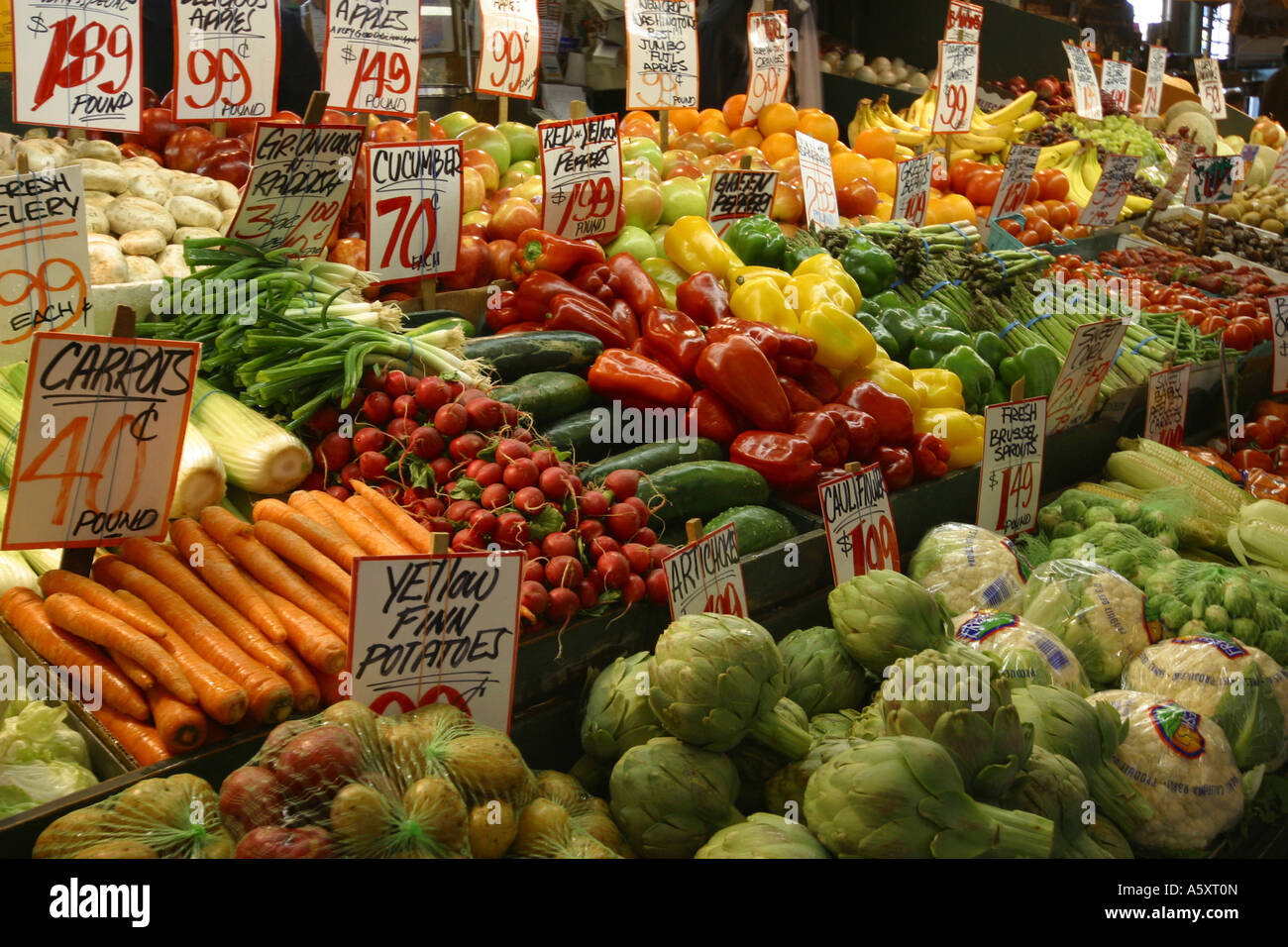 fruit and vegetable stand in Pike Place public market in Seattle, WA