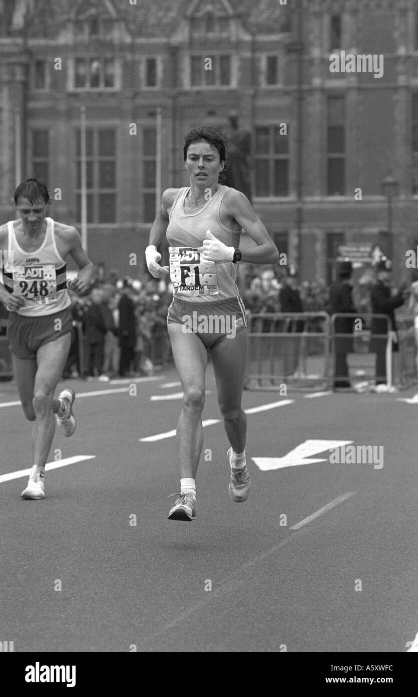Veronique Marot approaching the finish in the 1989 ADT London Marathon, winning the women`s race Stock Photo