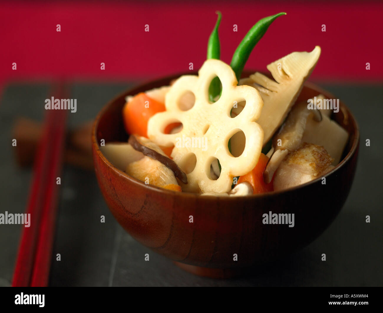 Japanese winter stew with chicken, lotus root and shiitake mushroom