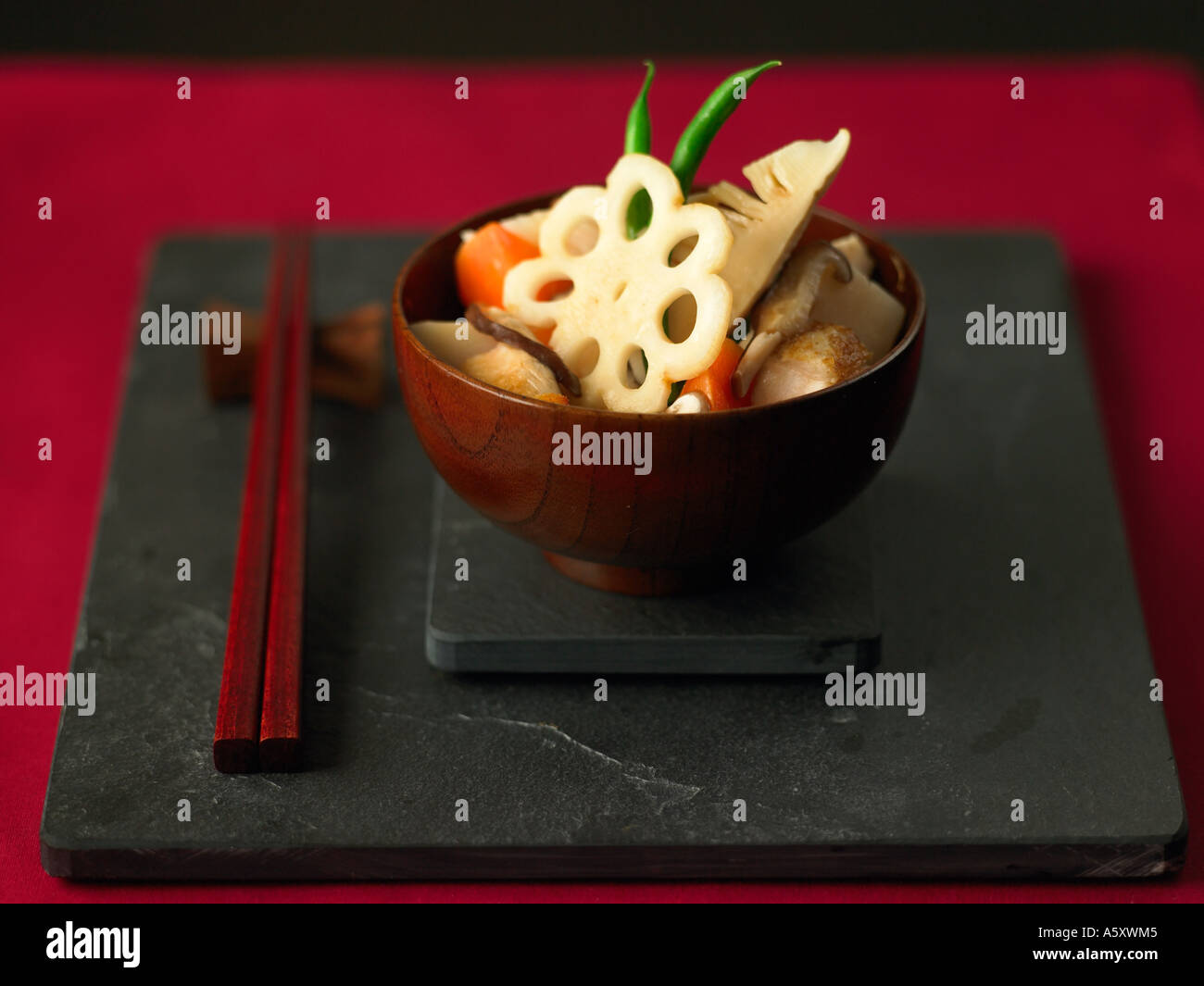 Japanese winter stew with chicken, lotus root and shiitake mushroom