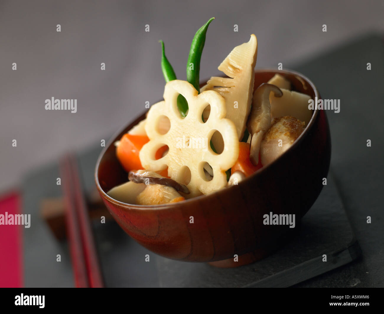 Japanese winter stew with chicken, lotus root and shiitake mushroom