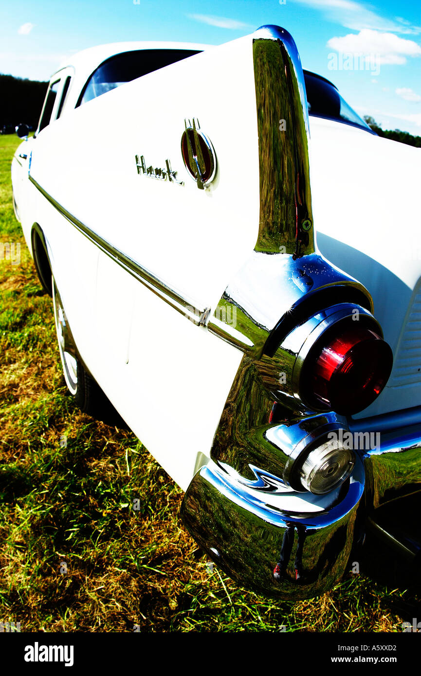 Wide angle photo of classic Studebaker chrome rear wing Stock Photo