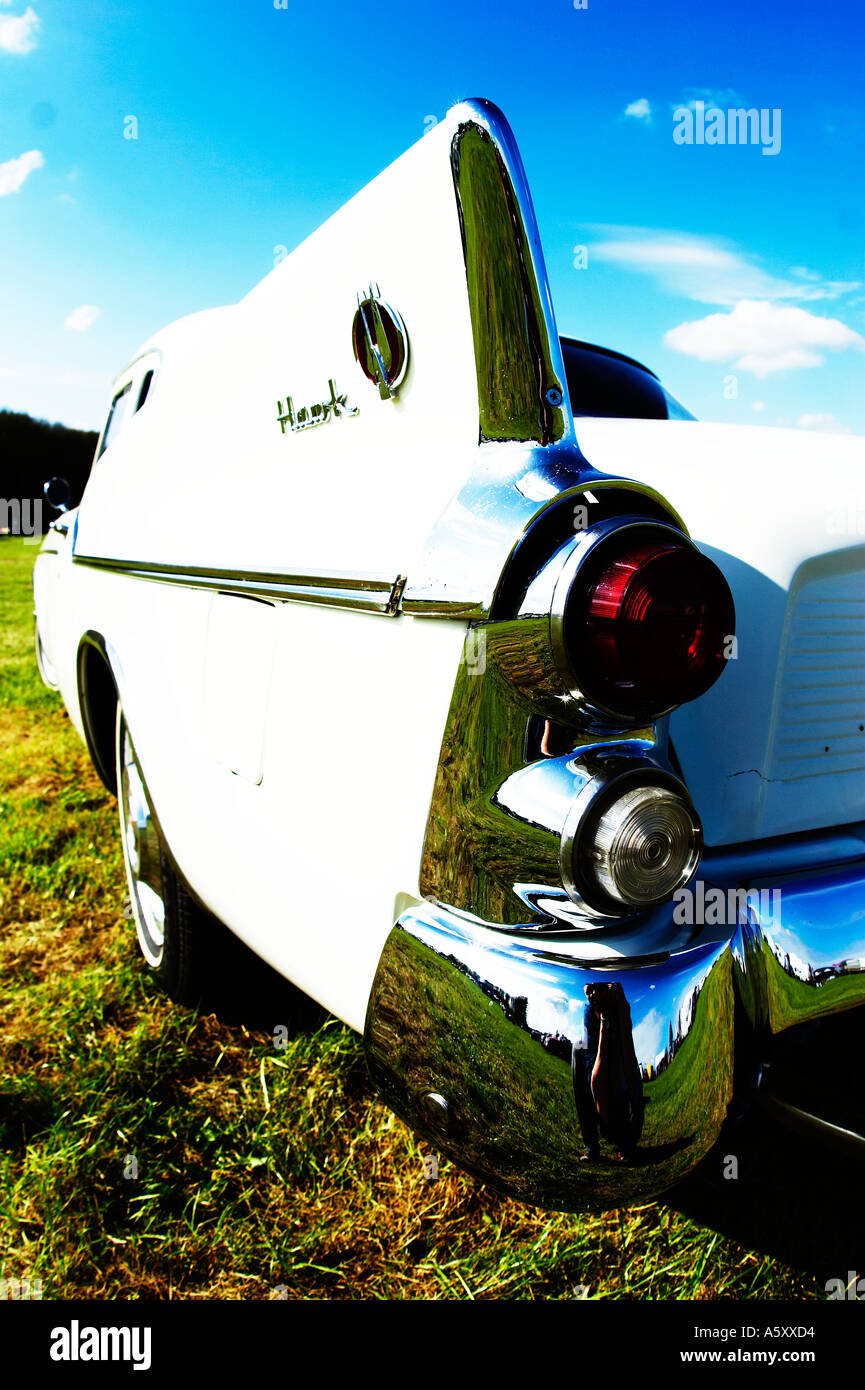 Wide angle photo of classic Studebaker chrome rear wing Stock Photo