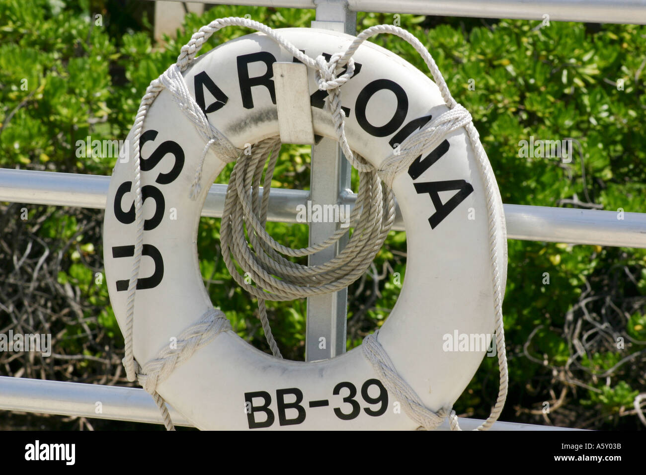 Life preserver from USS Arizona Pearl Harbor Oahu Hawaii where the Japanese sunk the vessel and lead the USA into World War 2 Stock Photo