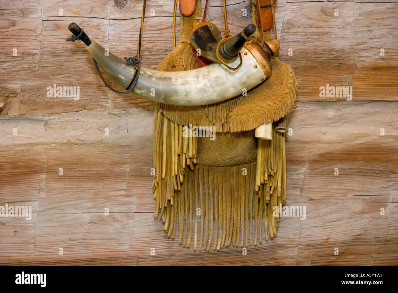 Antique Gun Supplies, Leather Pouch with Fringe, Gunpowder Horn Hanging