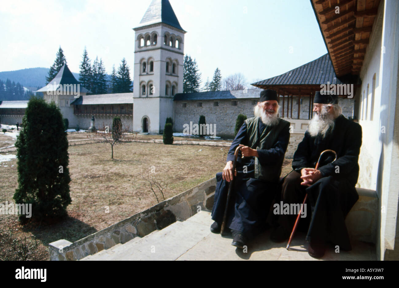 Monks at Romanian Orthodox Monastery Stock Photo