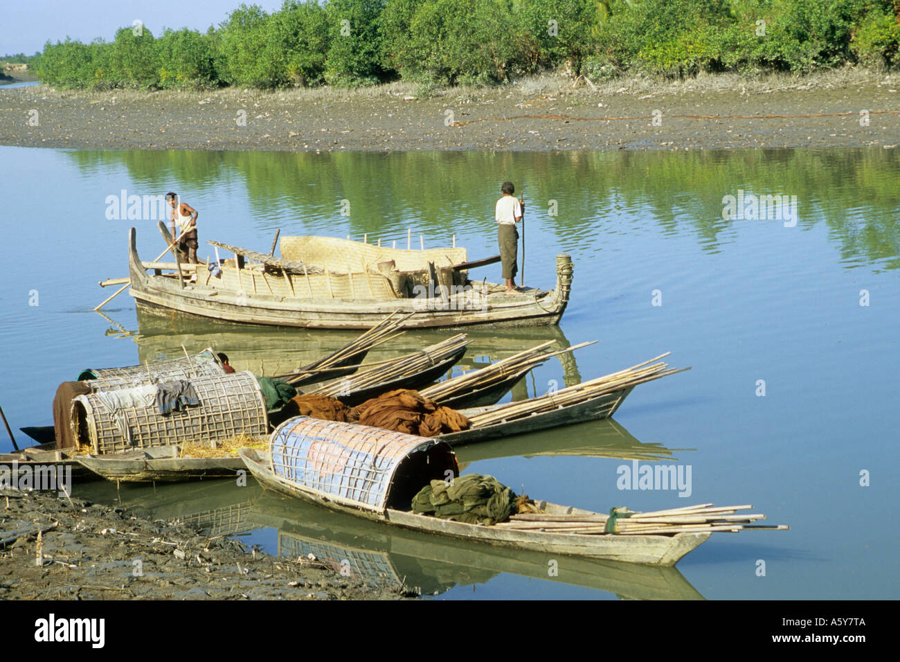 Myanmar Rakhine State Mrauk U boats riverside scene Stock Photo