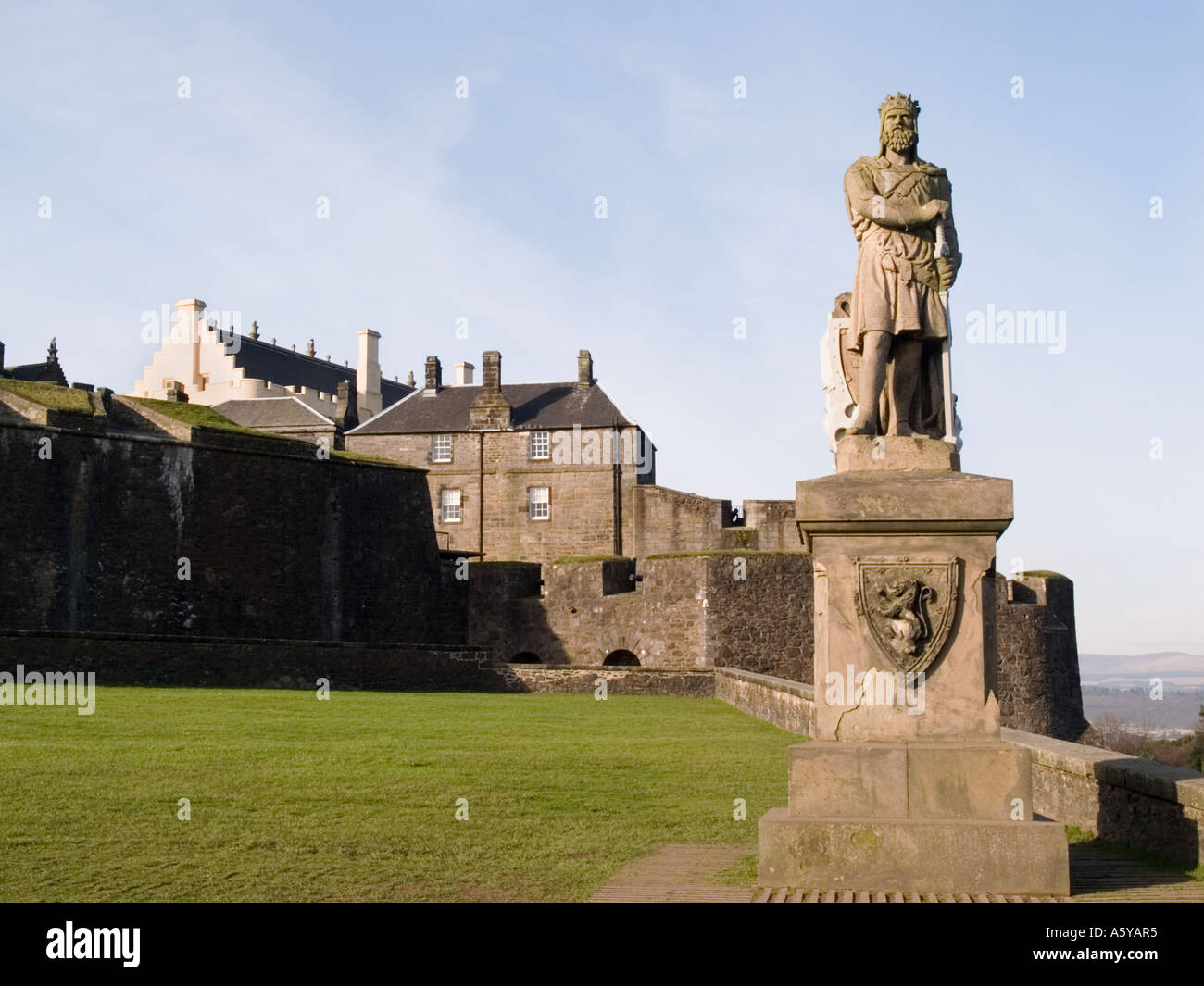 Stirling Scotland UK King Robert the Bruce statue standing in front of Stirling Castle on eslpanade. Stock Photo