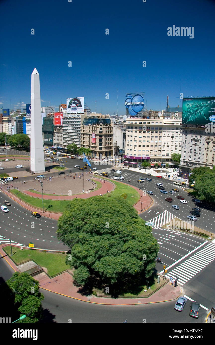 Overview of 9th of July Avenue in Buenos Aires, Argentina at Plaza de la Republica with the Obelisk. Stock Photo