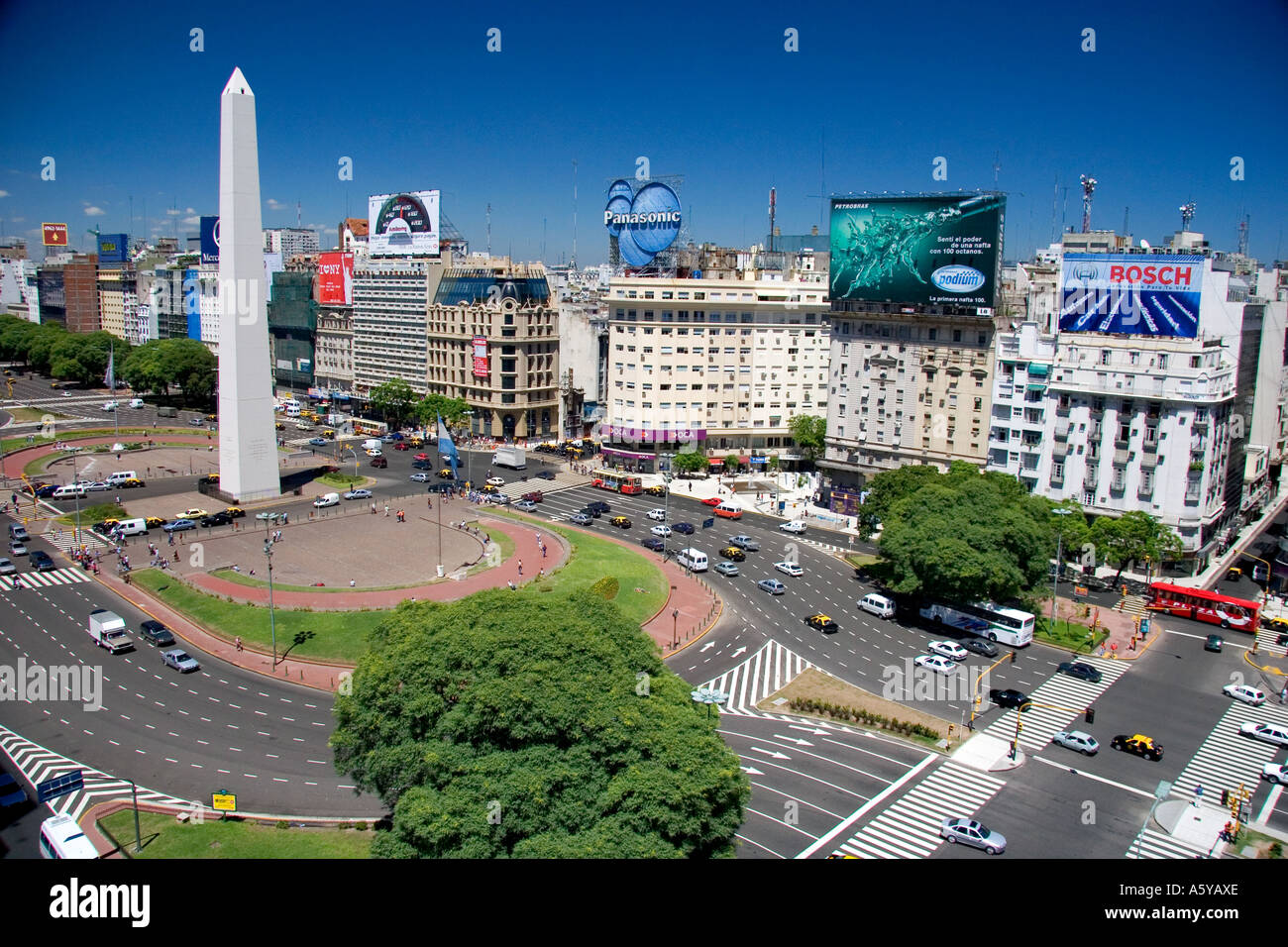 Overview of 9th of July Avenue in Buenos Aires, Argentina at Plaza de la Republica with the Obelisk. Stock Photo