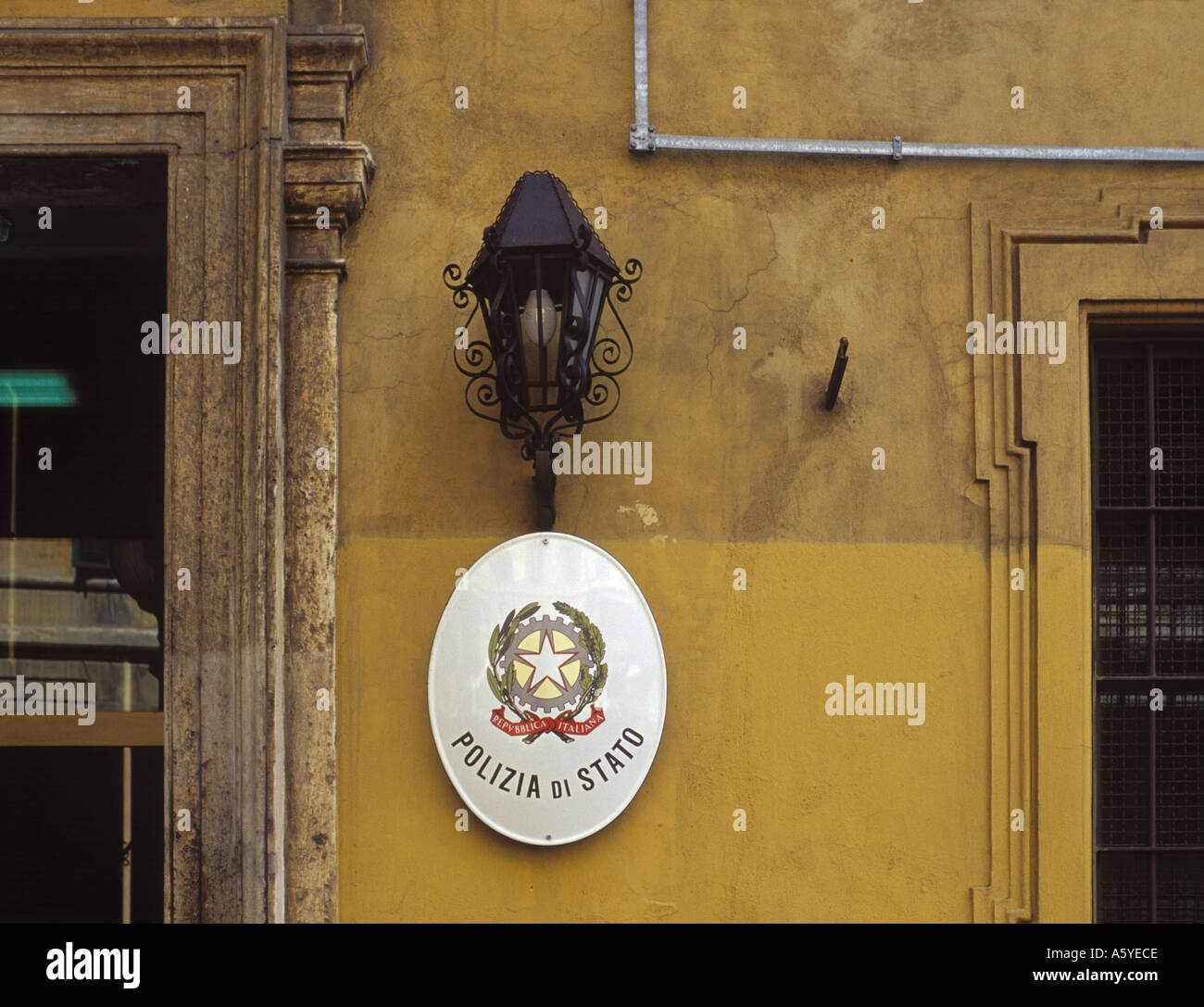 Police station sign in Rome Italy Stock Photo