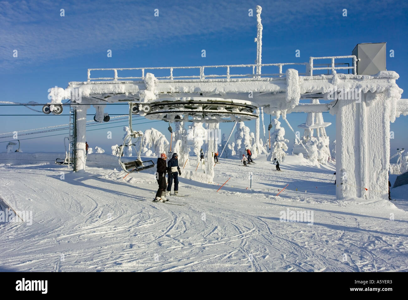 skilift at the Vuokatti ski resort, Finland Stock Photo